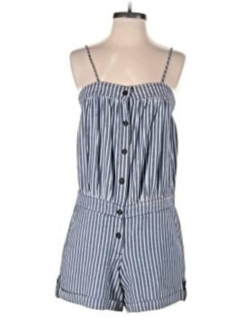 Hive & Honey Striped Button Front Romper Adjustable Straps Pockets XS Nautical